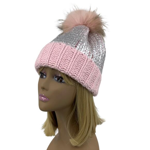 Light Pink & Silver Wool Blend Beanie Hat Genuine Raccoon Fur Pom-Pom by AQUA main image 12
